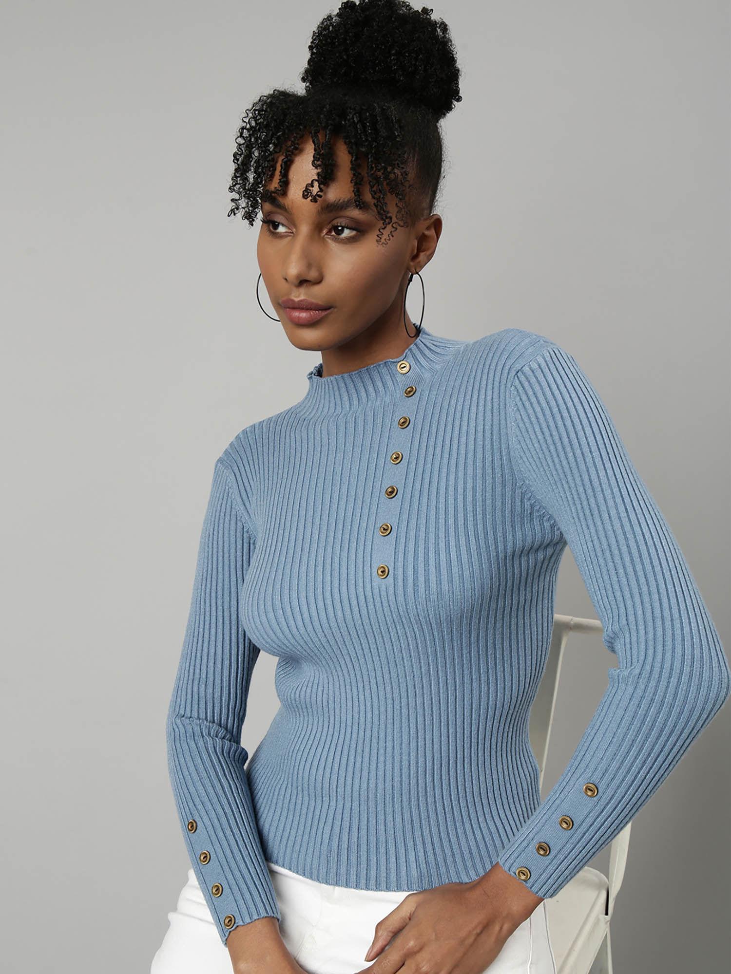 womens solid high neck blue fitted top