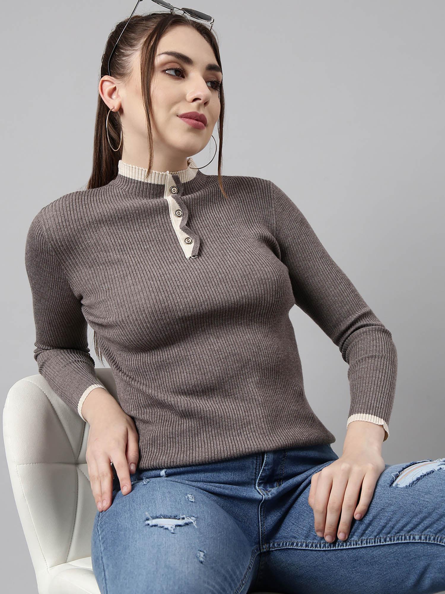 womens solid high neck grey fitted top