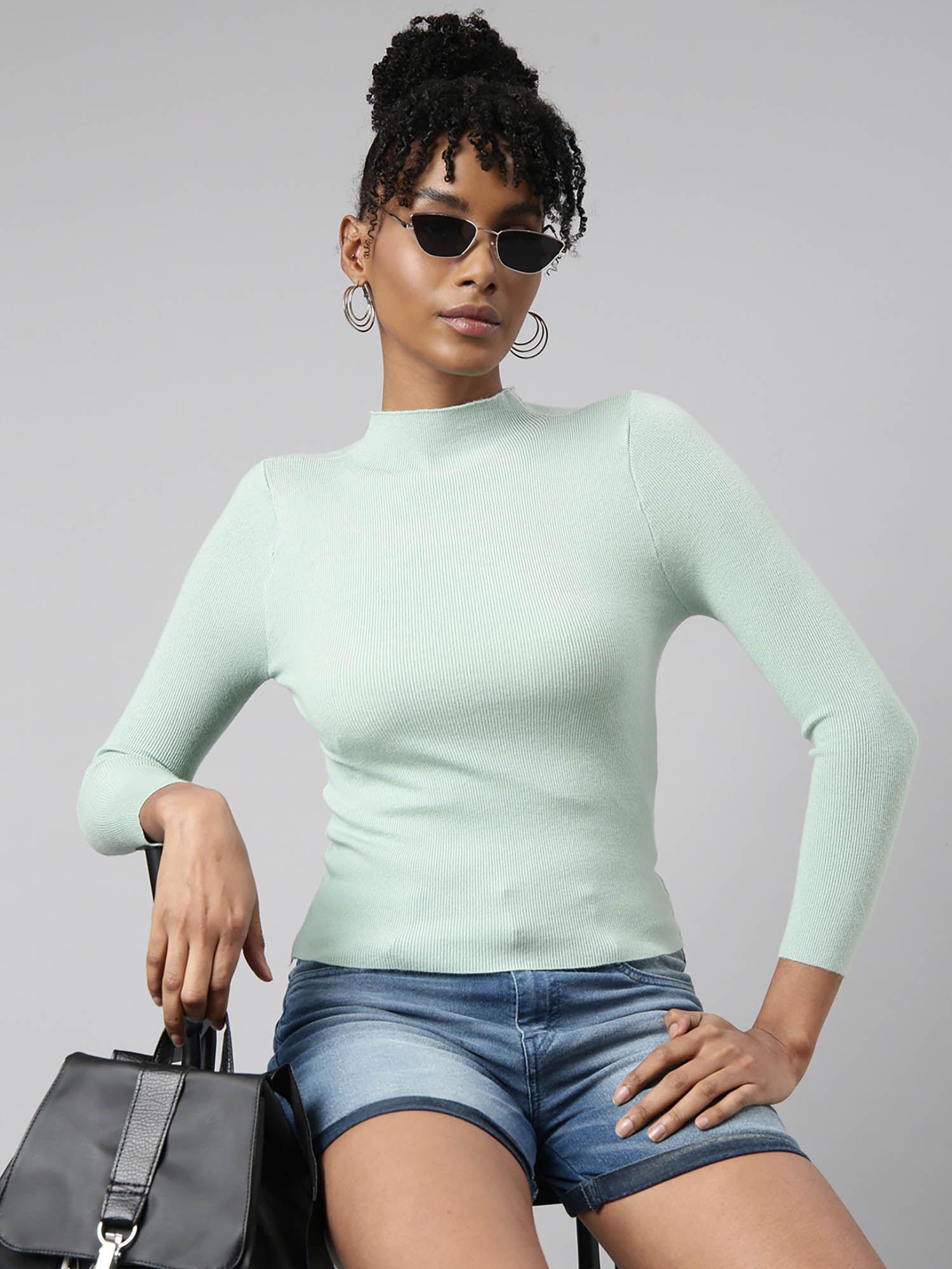 womens solid high neck sea green fitted top