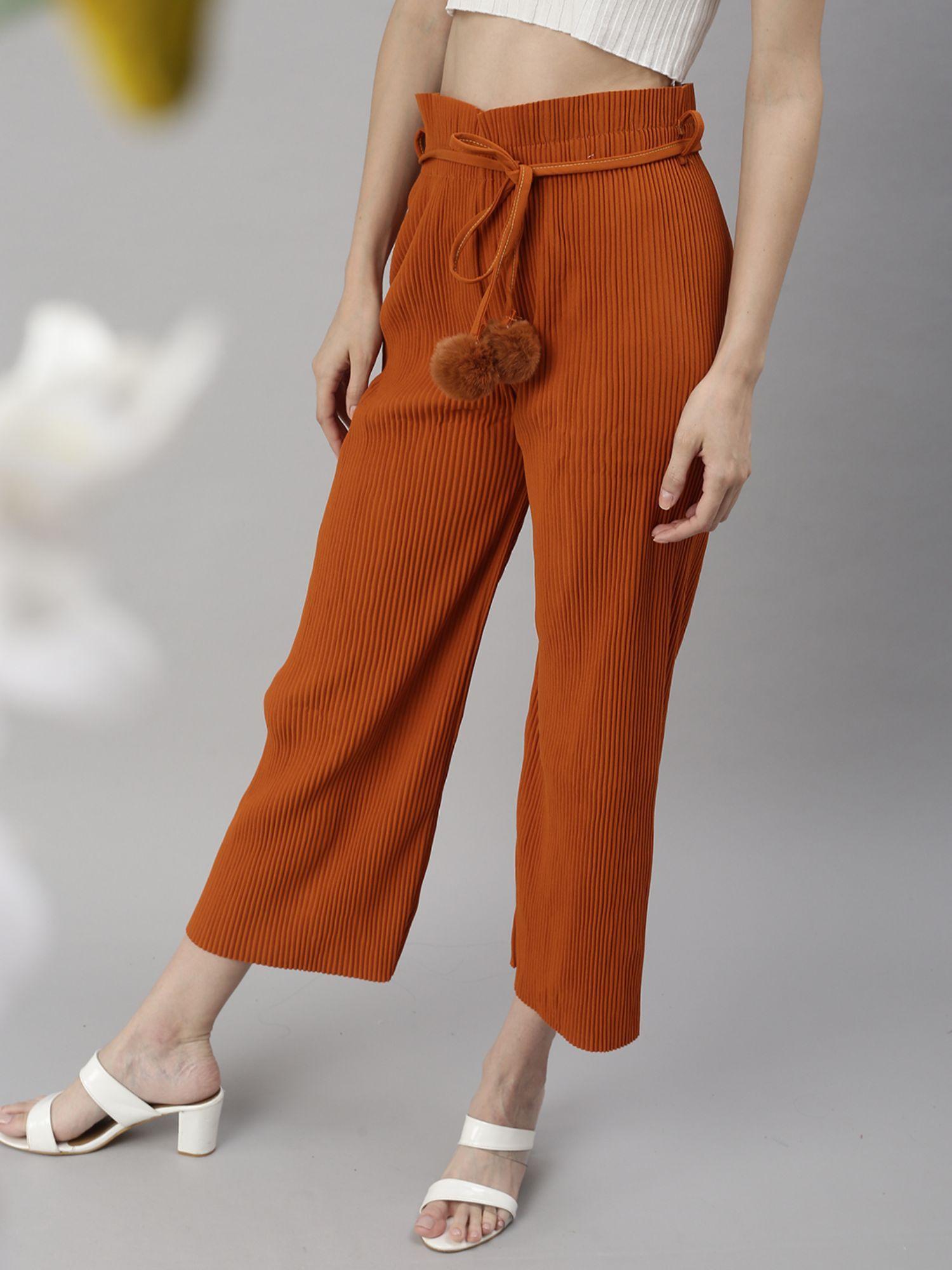 womens solid high-rise orange trousers (set of 2)