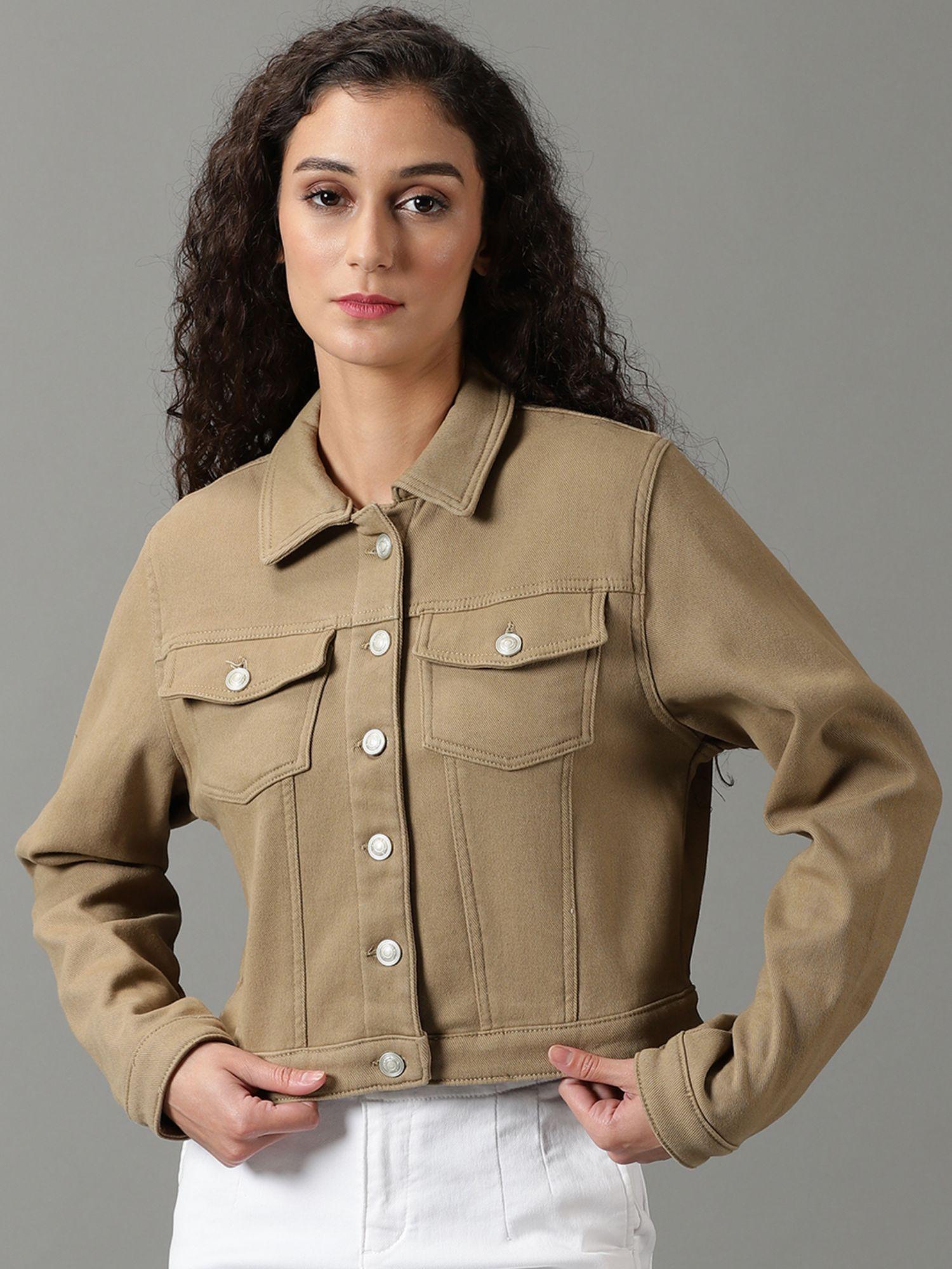 womens solid khaki spread collar regular denim jacket