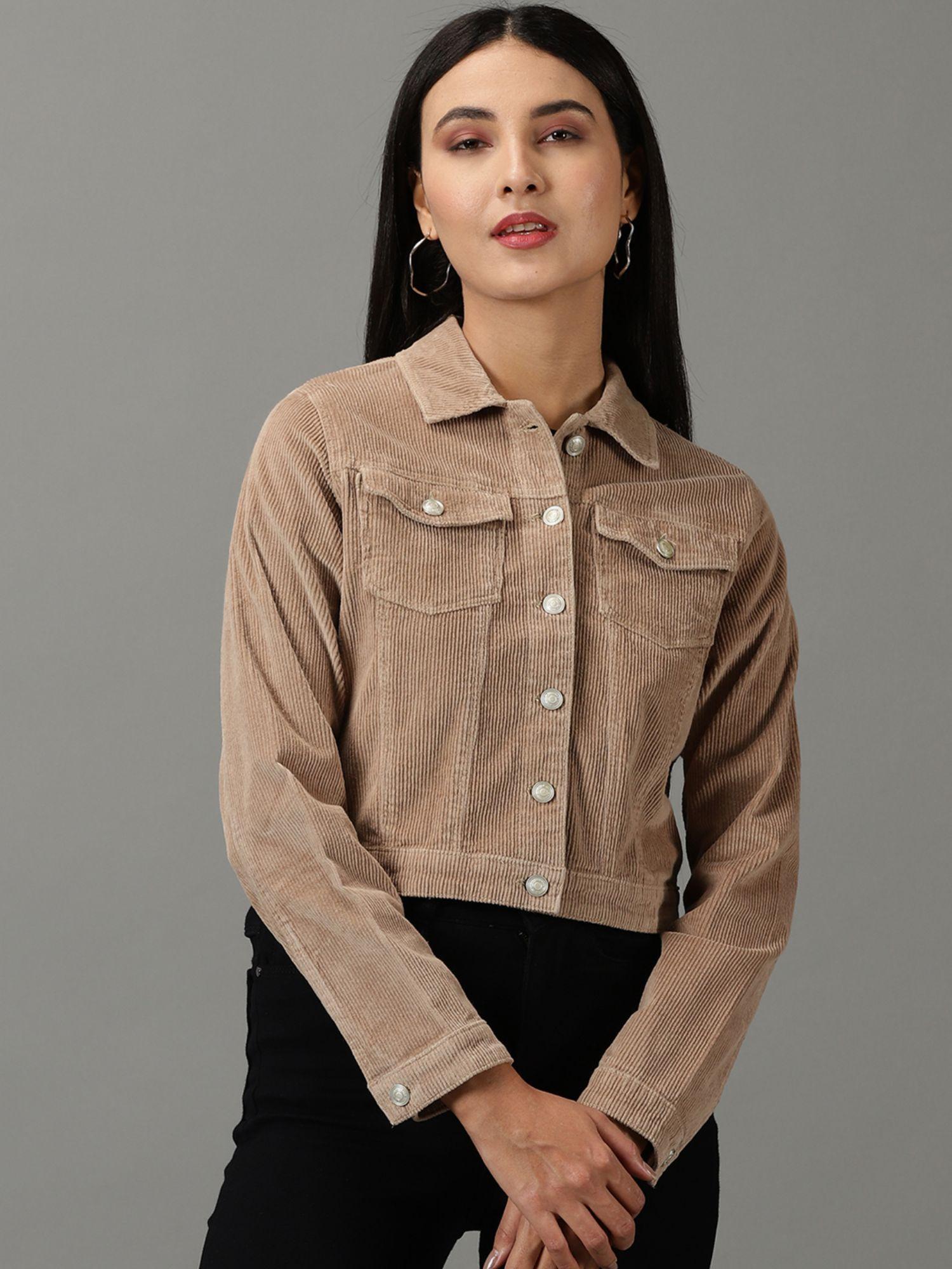 womens solid khaki spread collar regular open front jacket