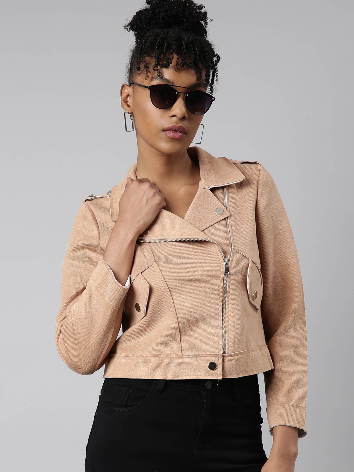 womens solid lapel collar beige biker jacket