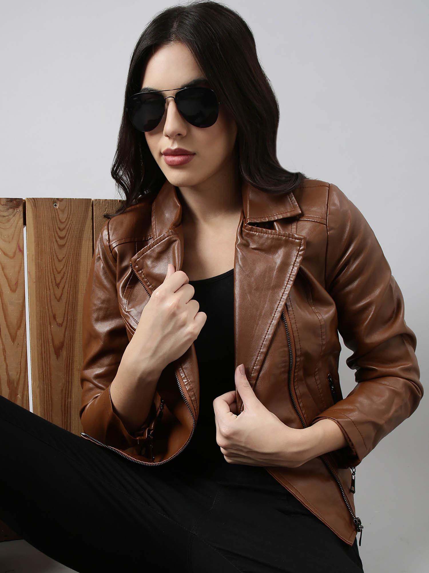 womens solid lapel collar brown biker jacket
