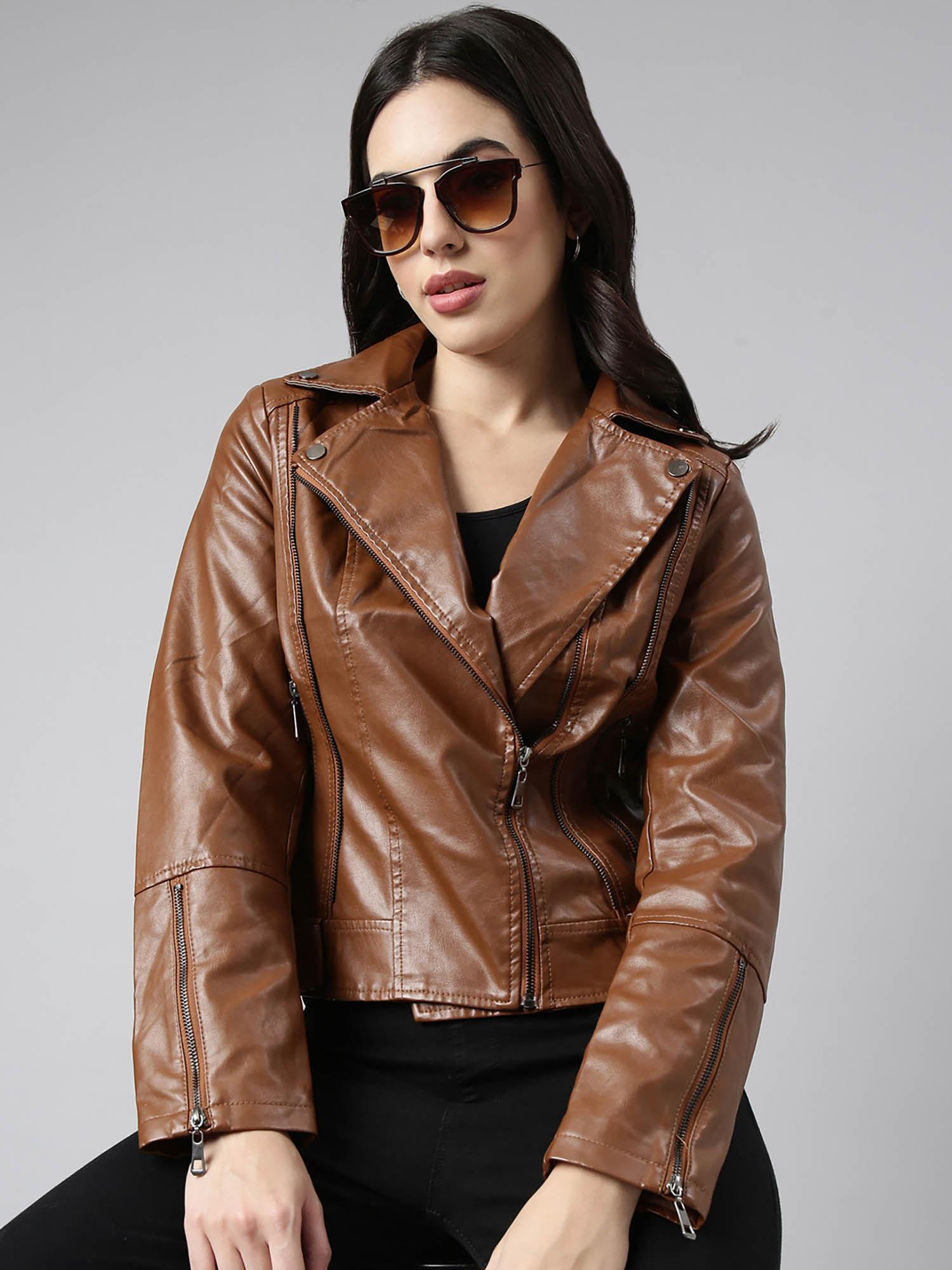 womens solid lapel collar brown biker jacket