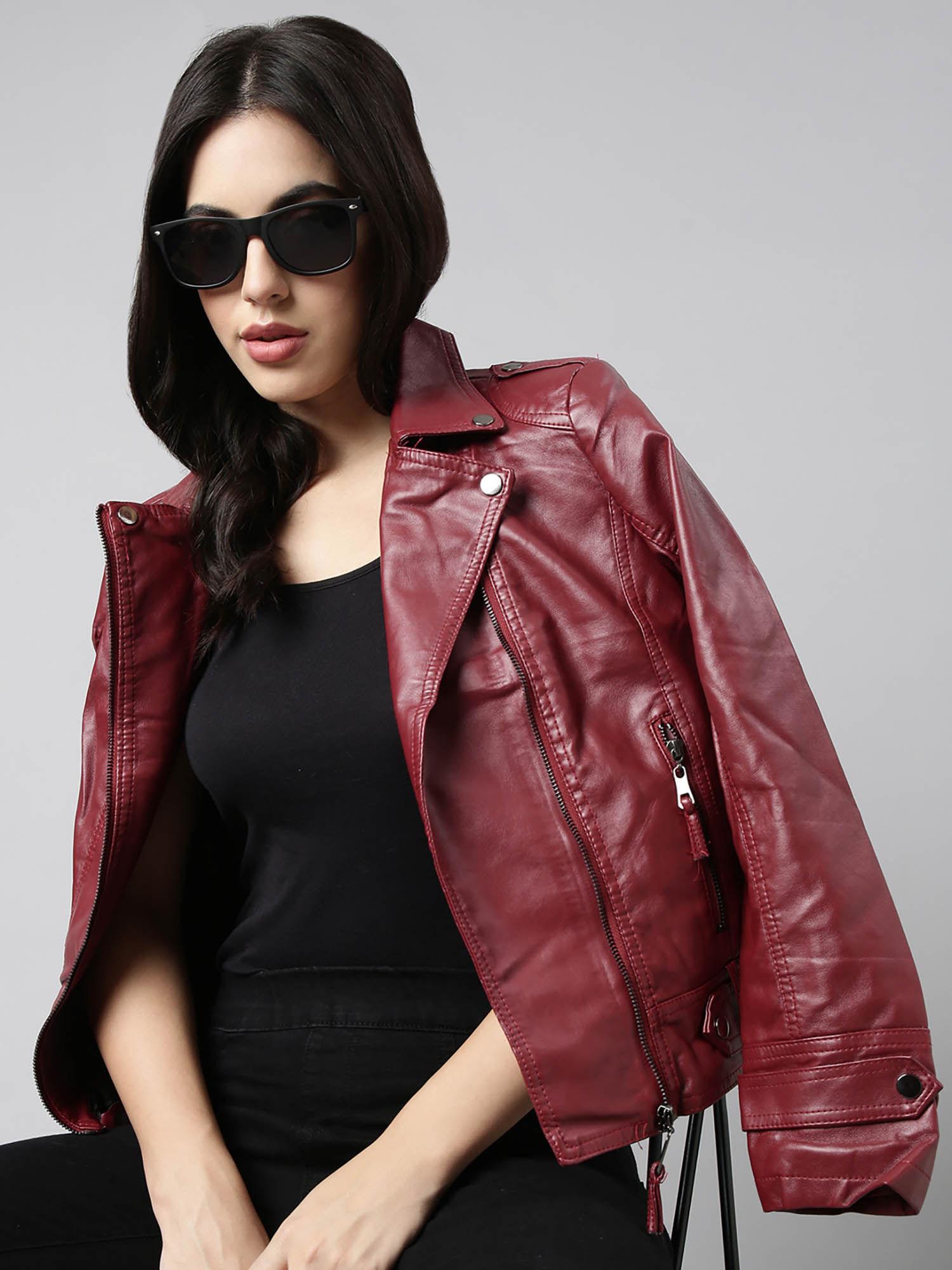 womens solid lapel collar maroon biker jacket