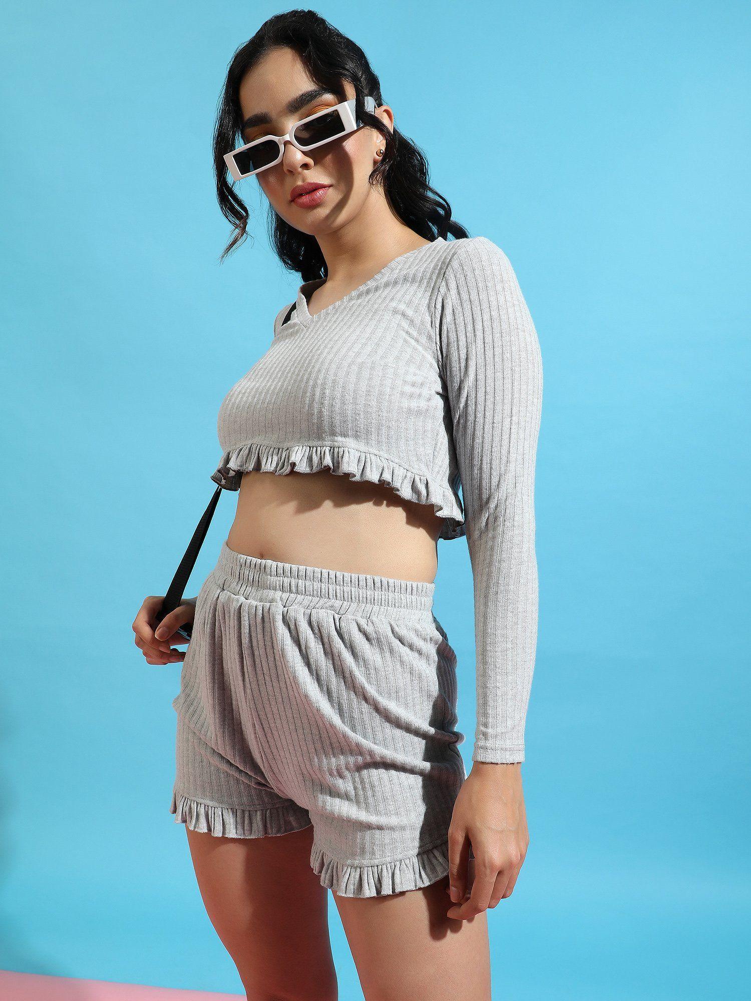 womens solid light grey ribbed co-ord (set of 2) with ruffle detail