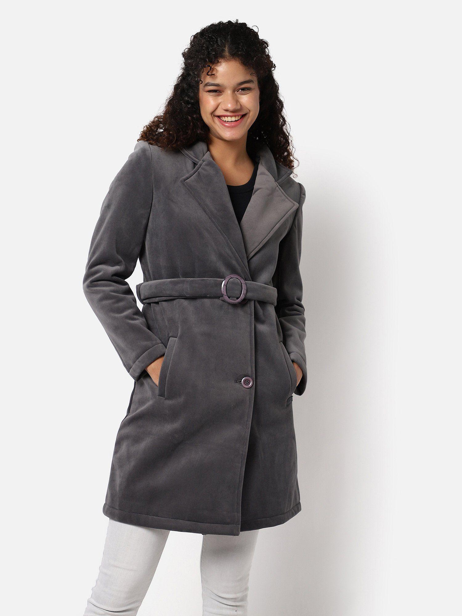 womens solid long coat with belt grey (set of 2)