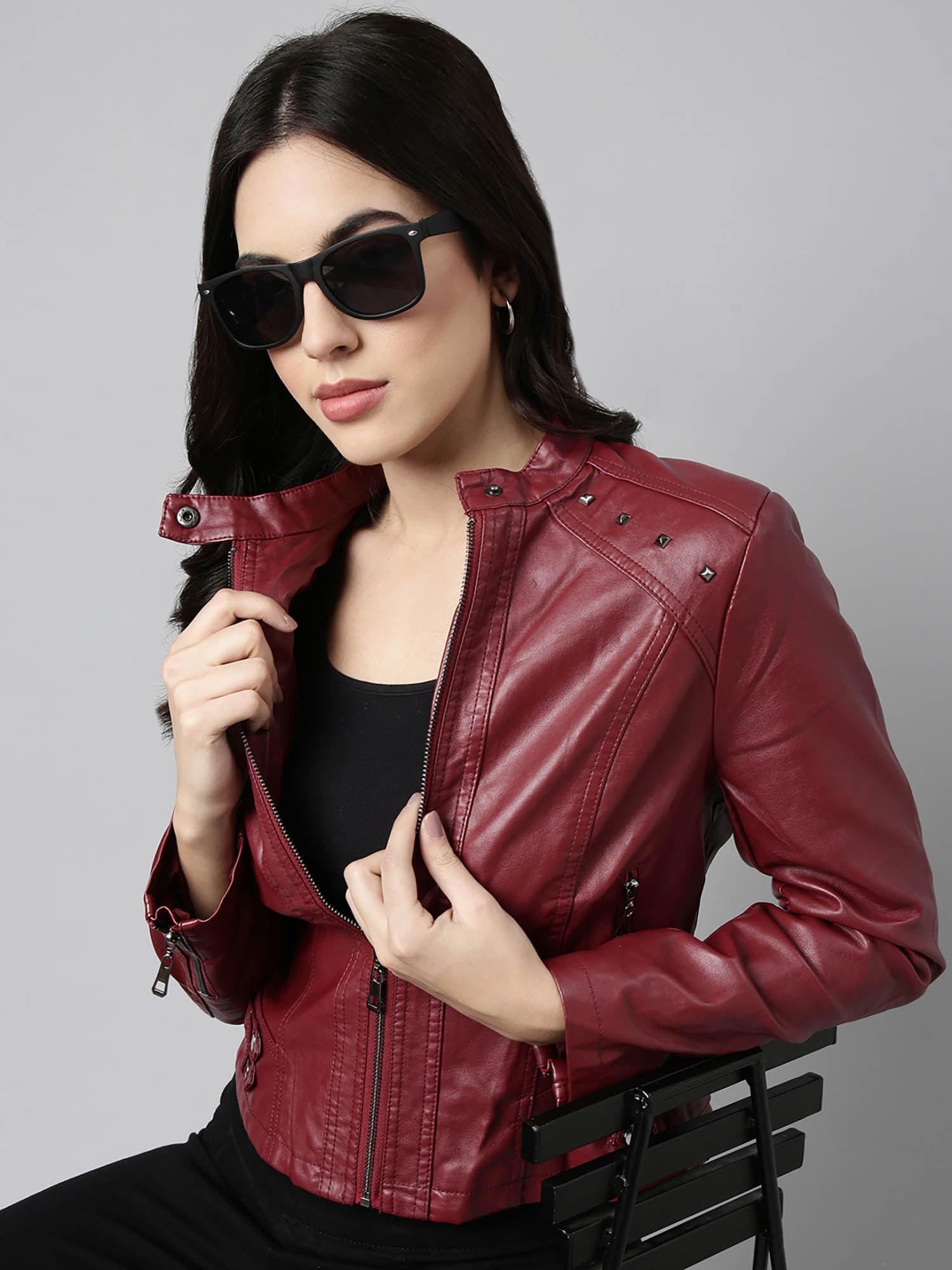 womens solid maroon biker jacket
