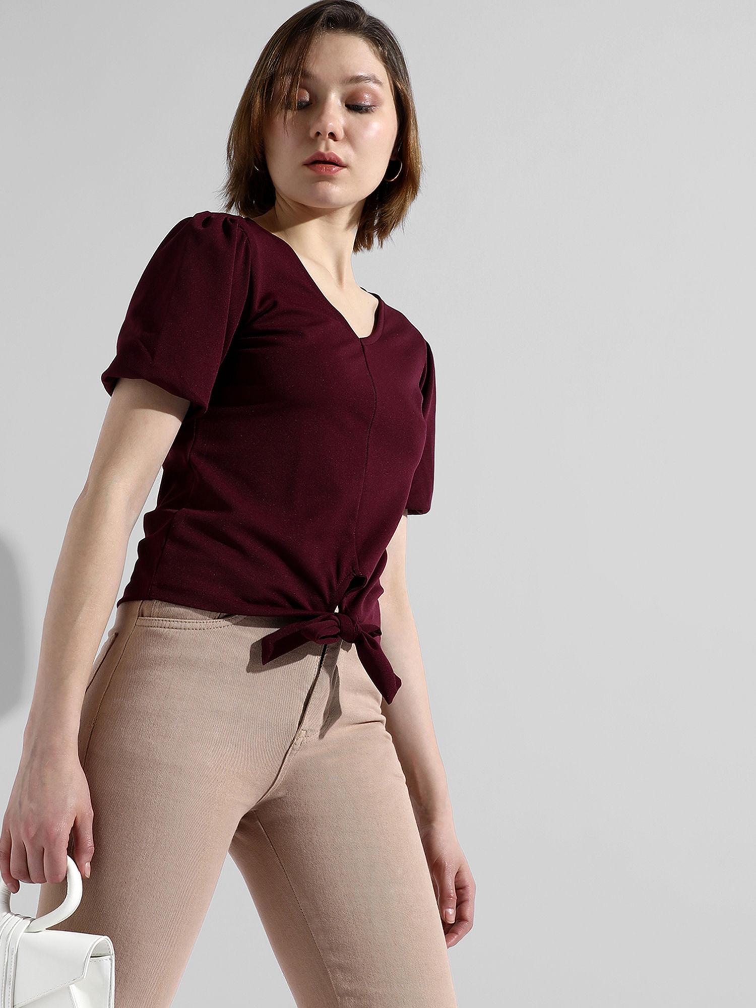 womens solid maroon regular fit top