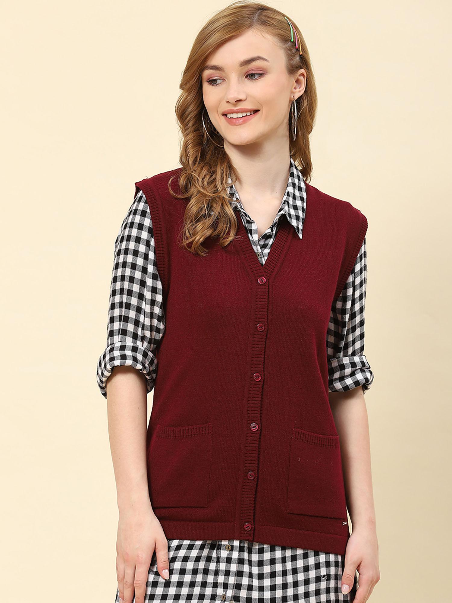 womens solid maroon v neck sleeveless cardigan