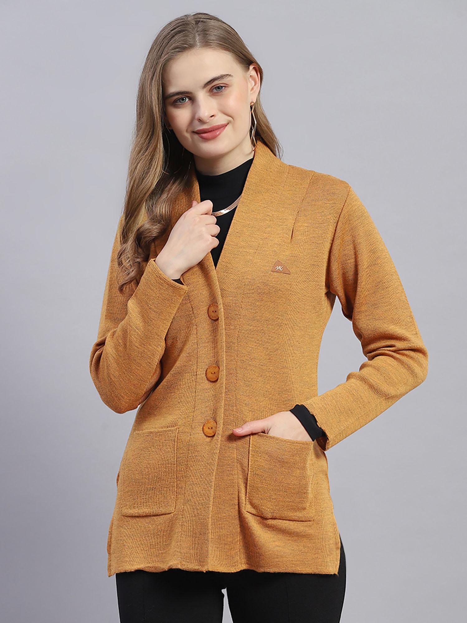 womens solid mustard v neck full sleeve cardigan