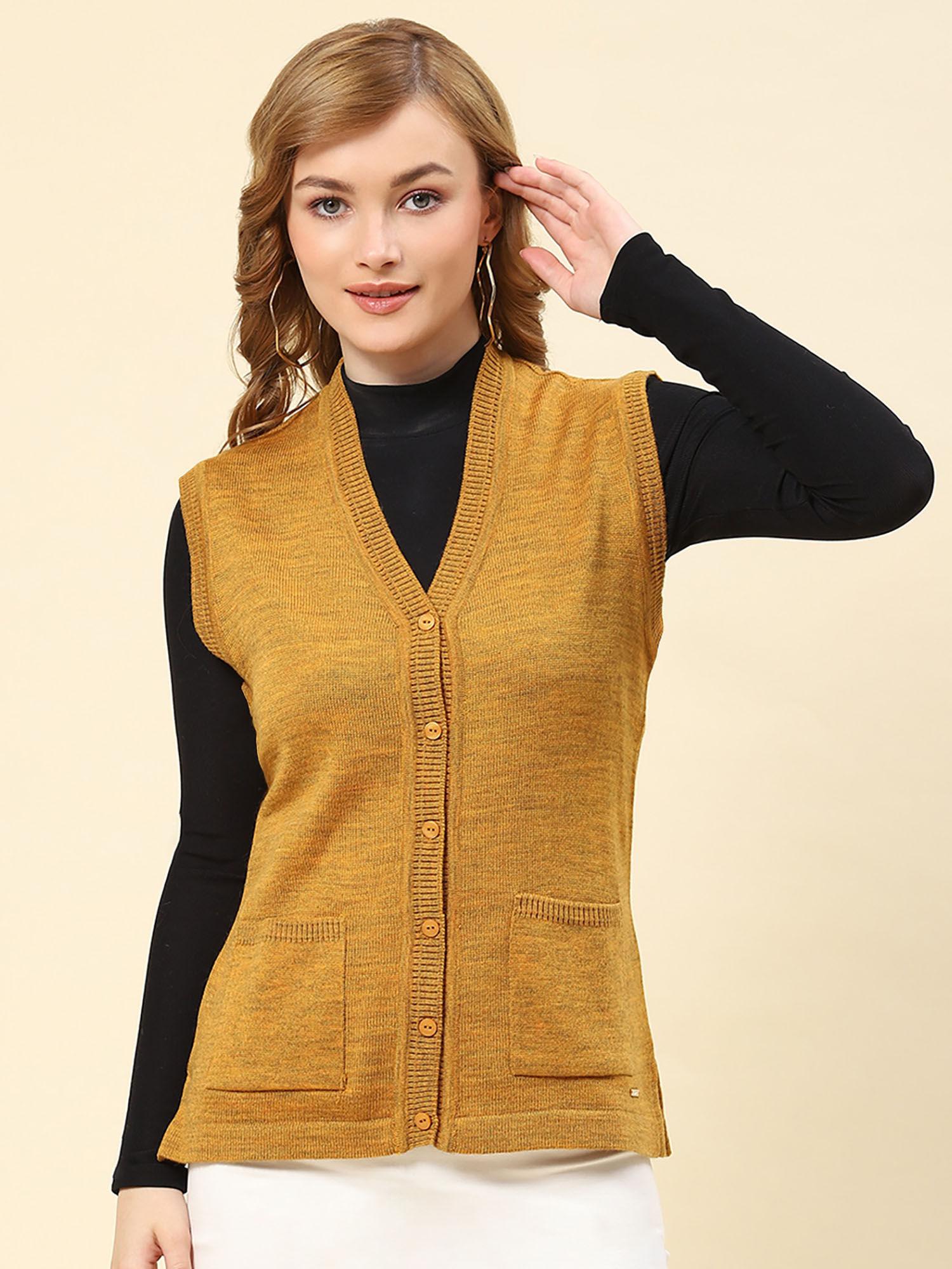 womens solid mustard v neck sleeveless cardigan