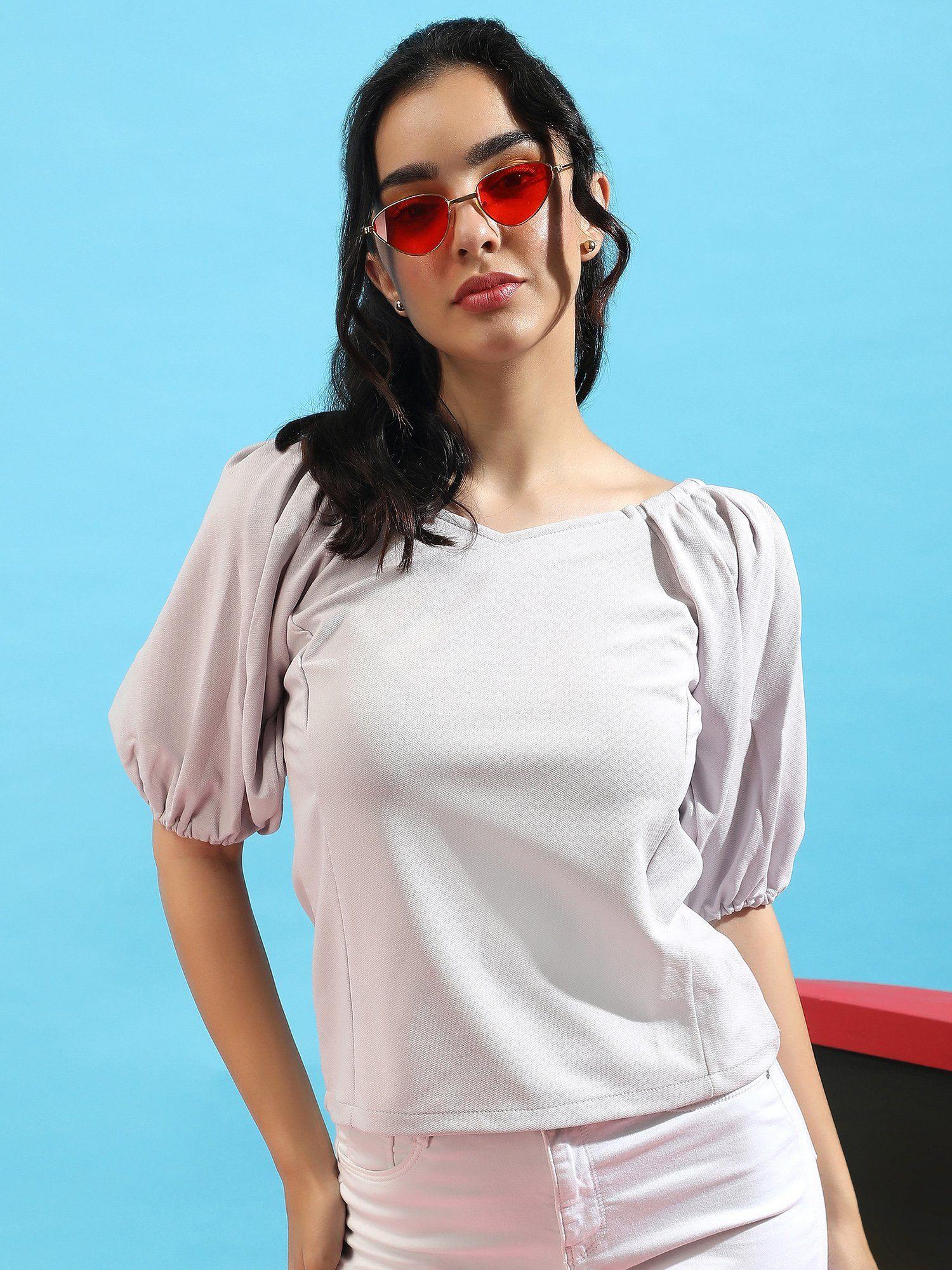 womens solid off-white top with puff sleeves