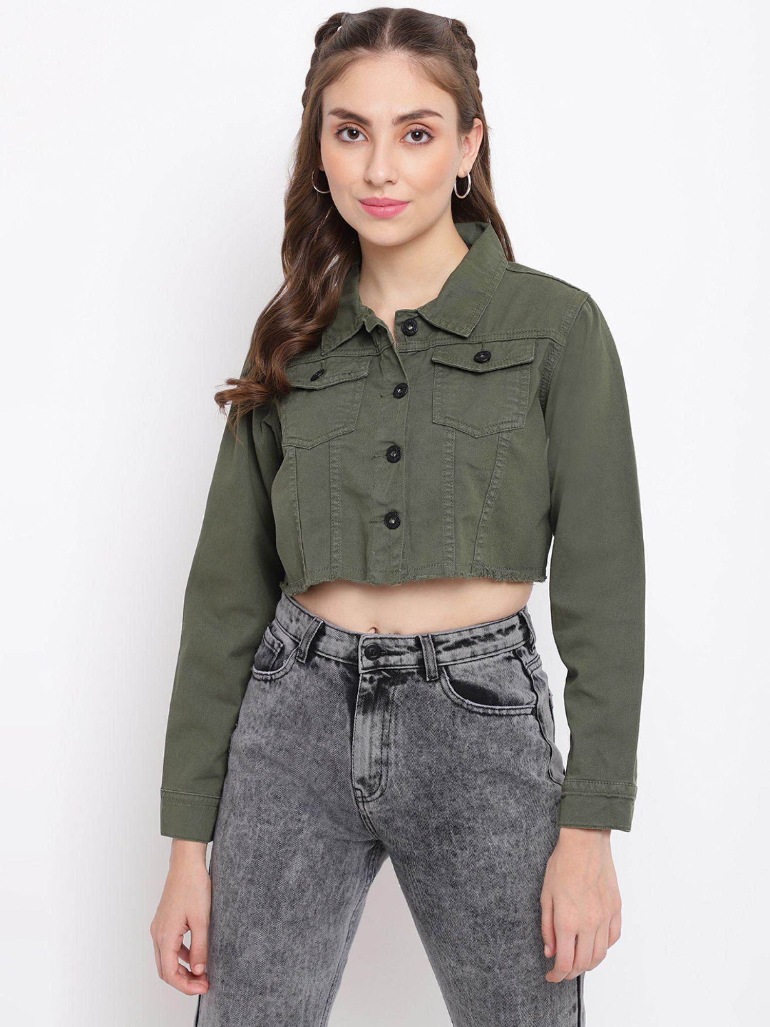 womens solid olive denim full sleeve cropped jacket