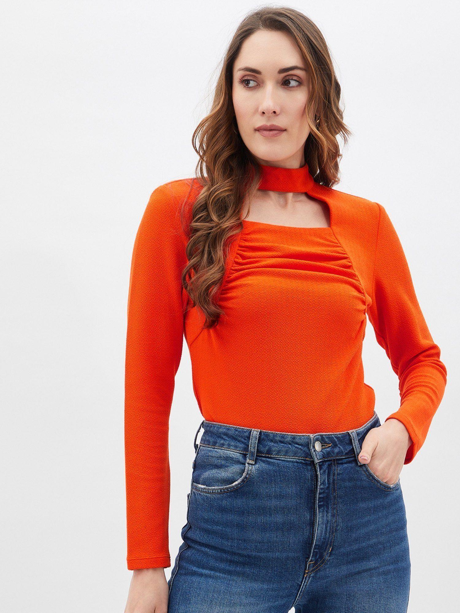 womens solid orange ruching band neck top