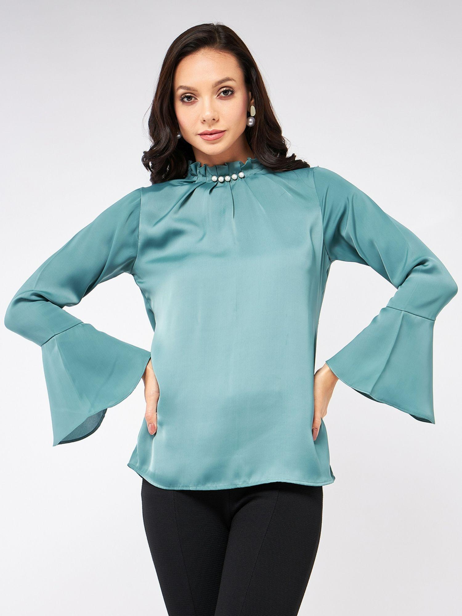 womens solid pearl neck top