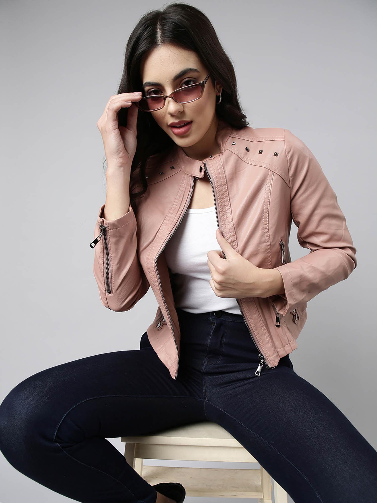 womens solid pink biker jacket