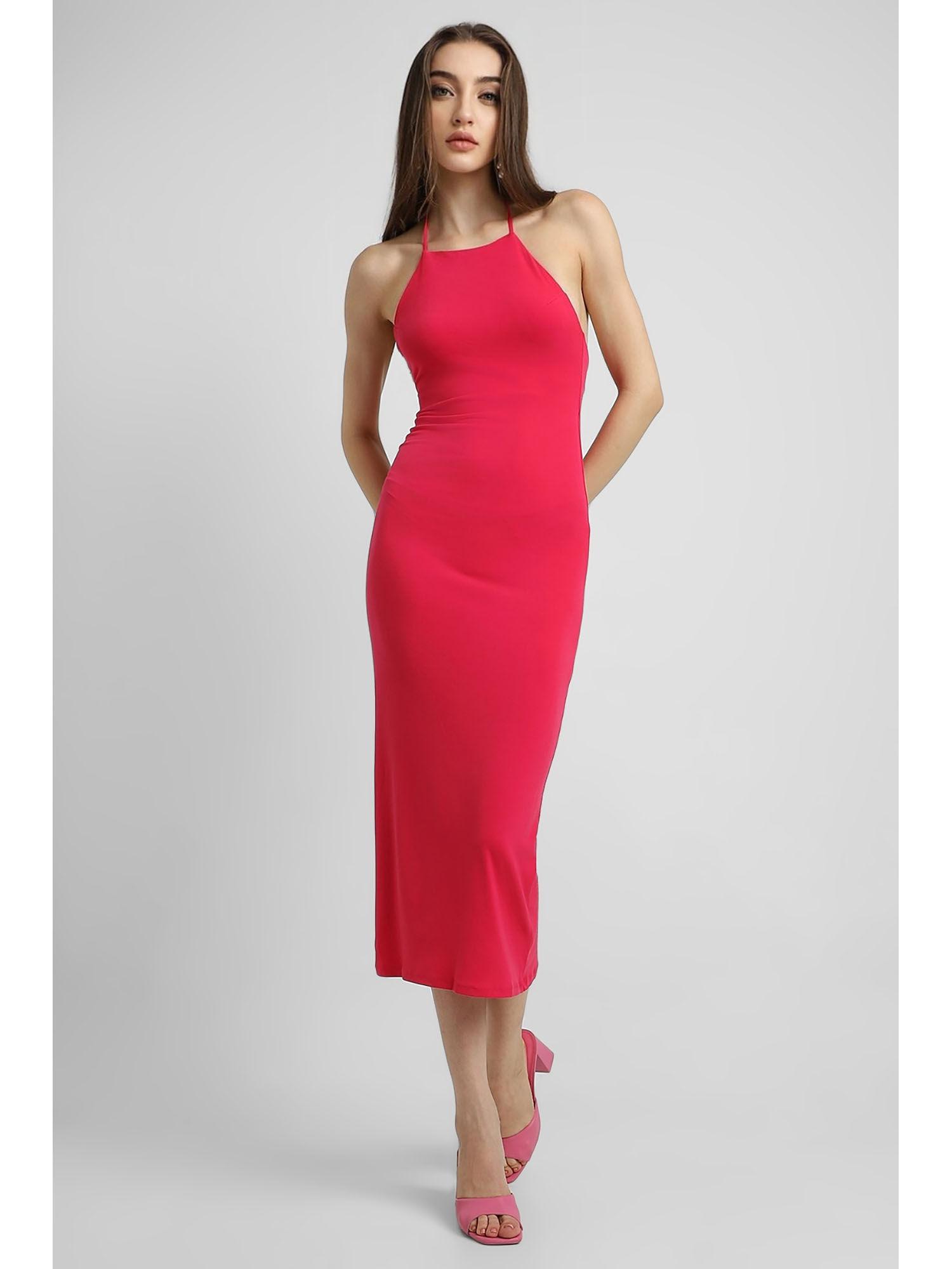 womens solid pink midi dress