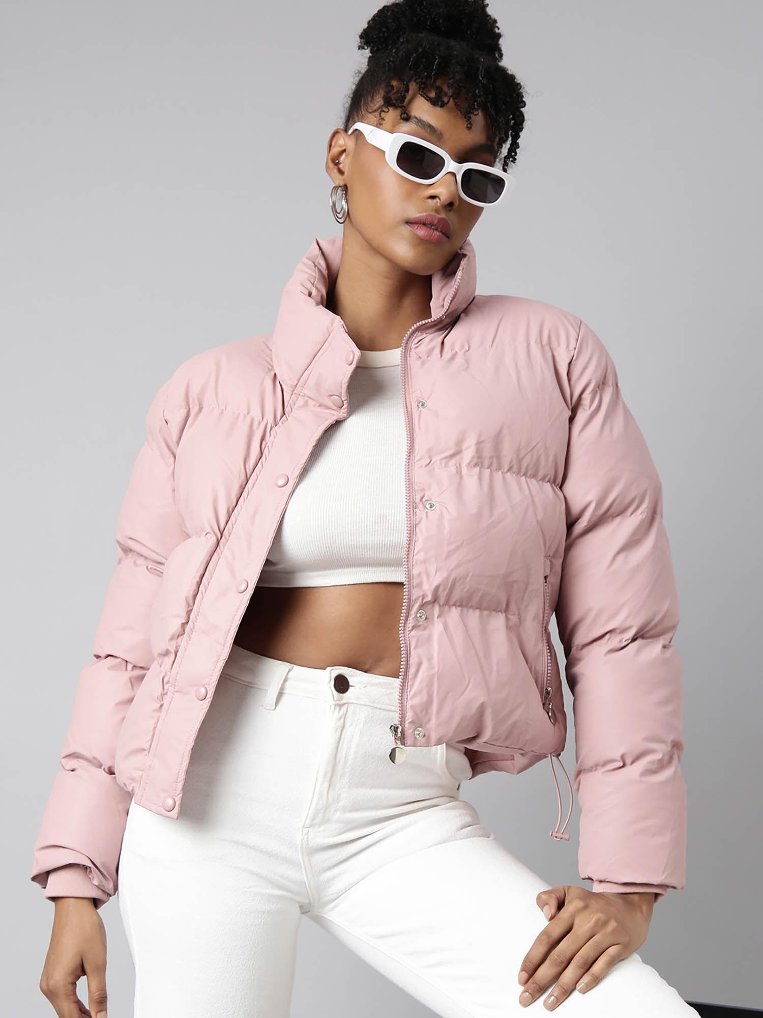 womens solid pink puffer jacket