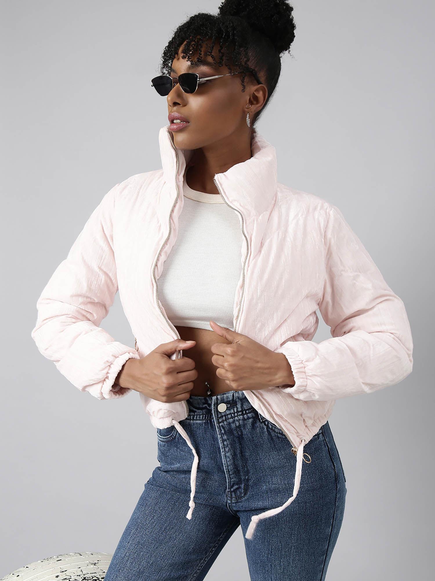 womens solid pink puffer jacket