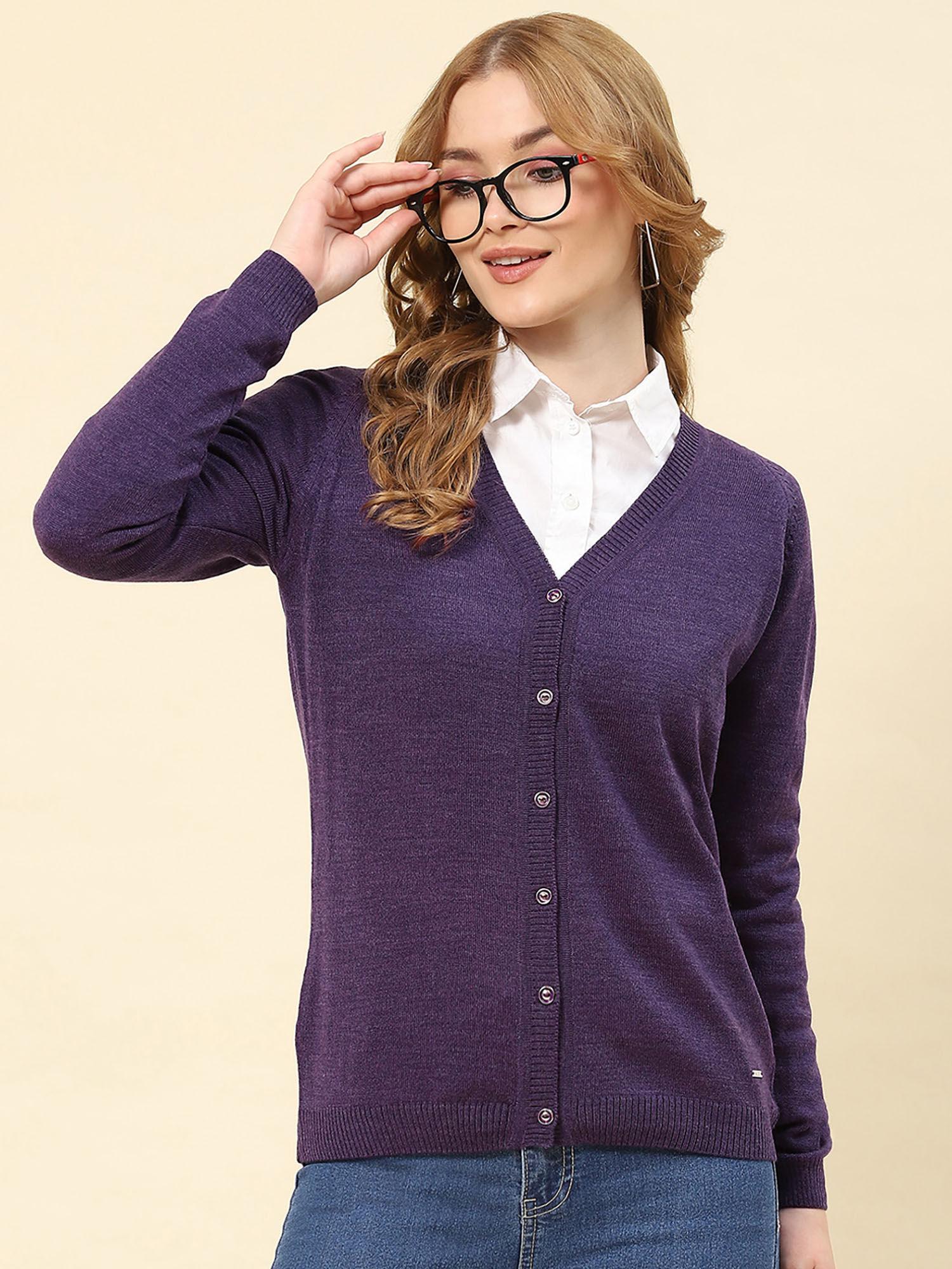 womens solid purple v neck full sleeve cardigan