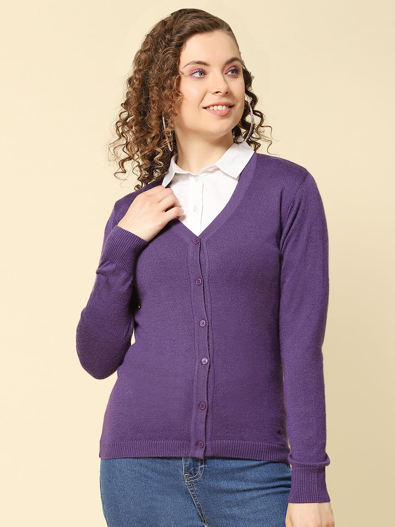 womens solid purple v neck full sleeve cardigan