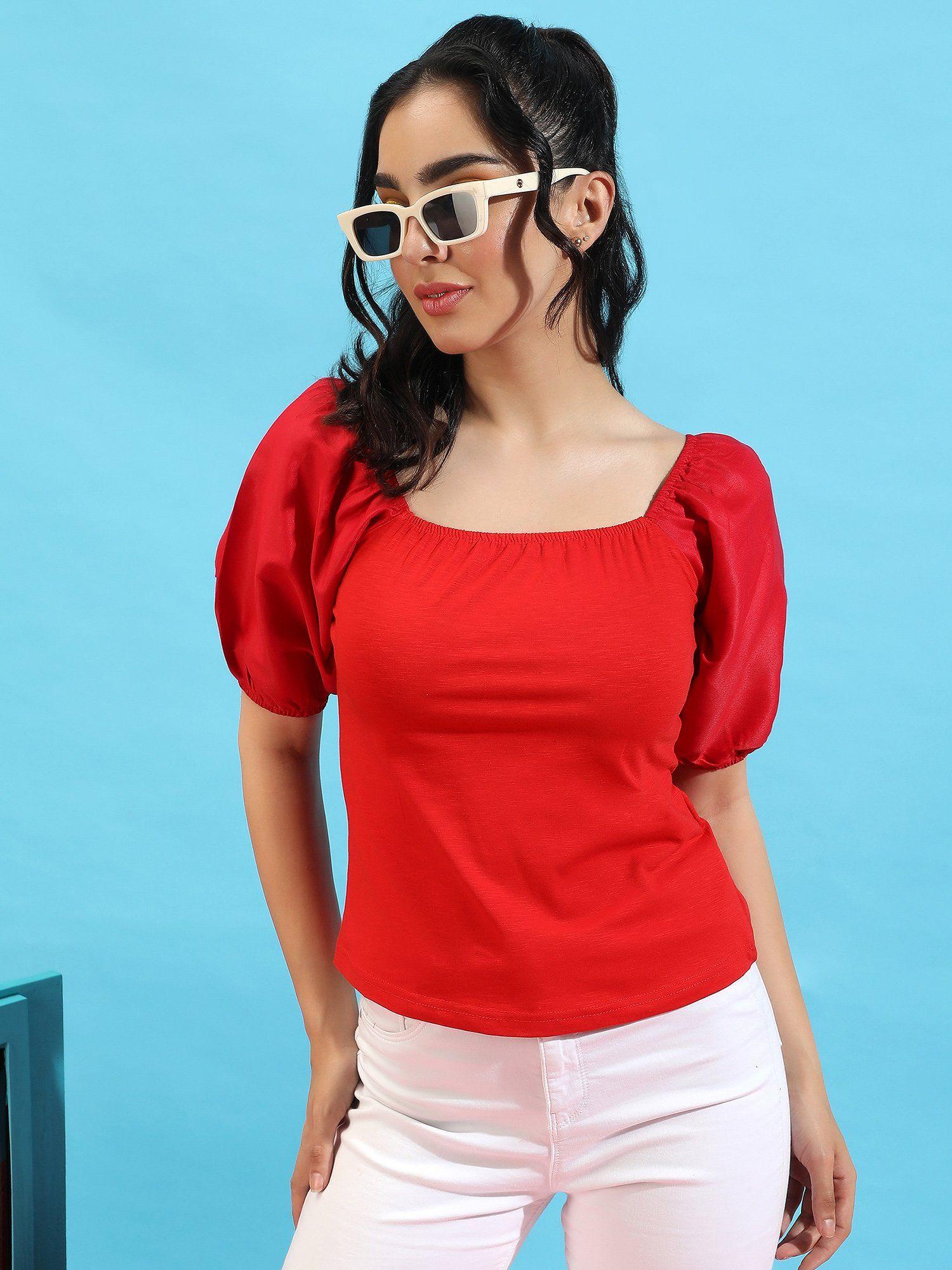 womens solid red top with puff sleeves