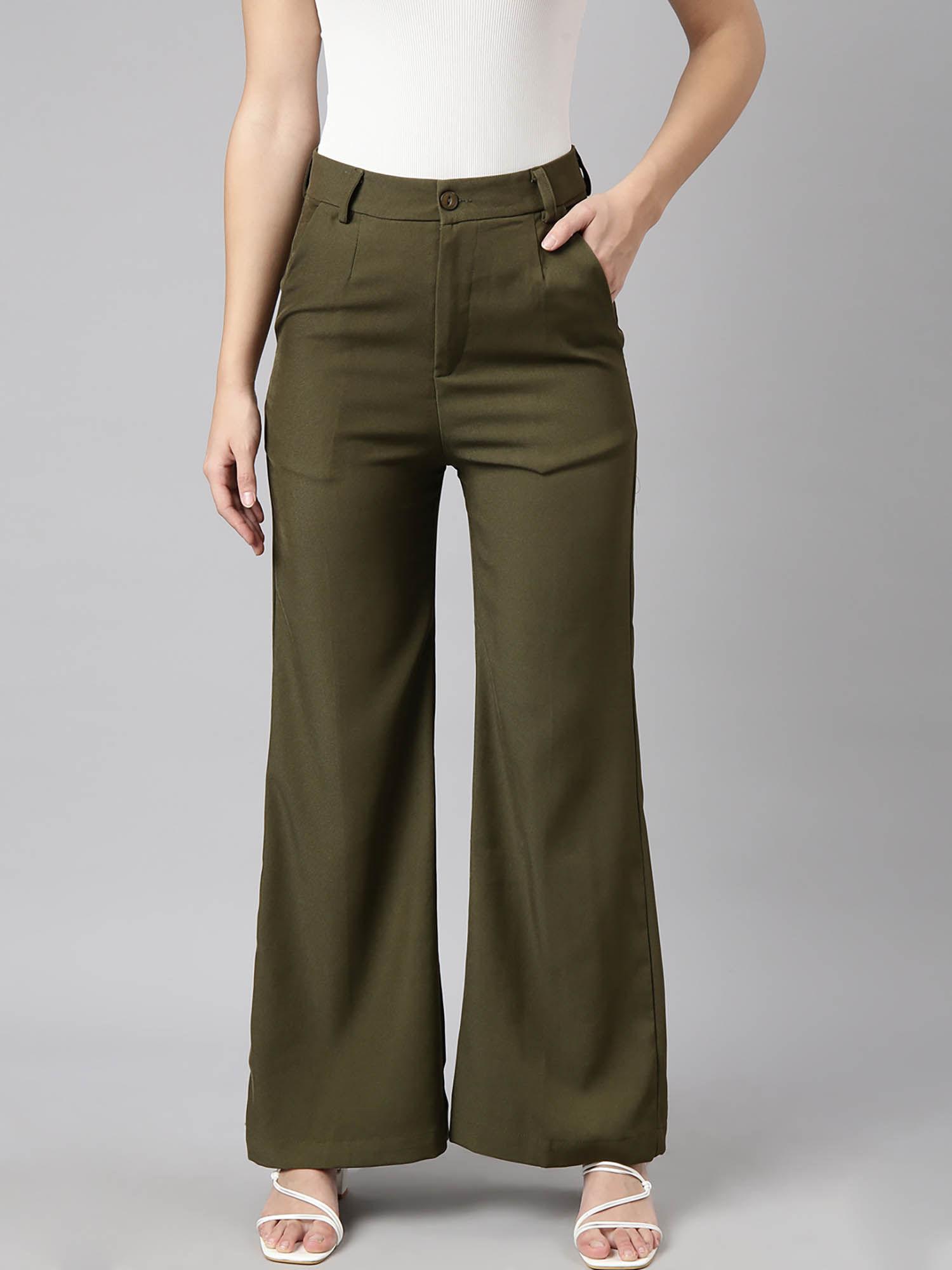 womens solid regular fit olive parallel trousers