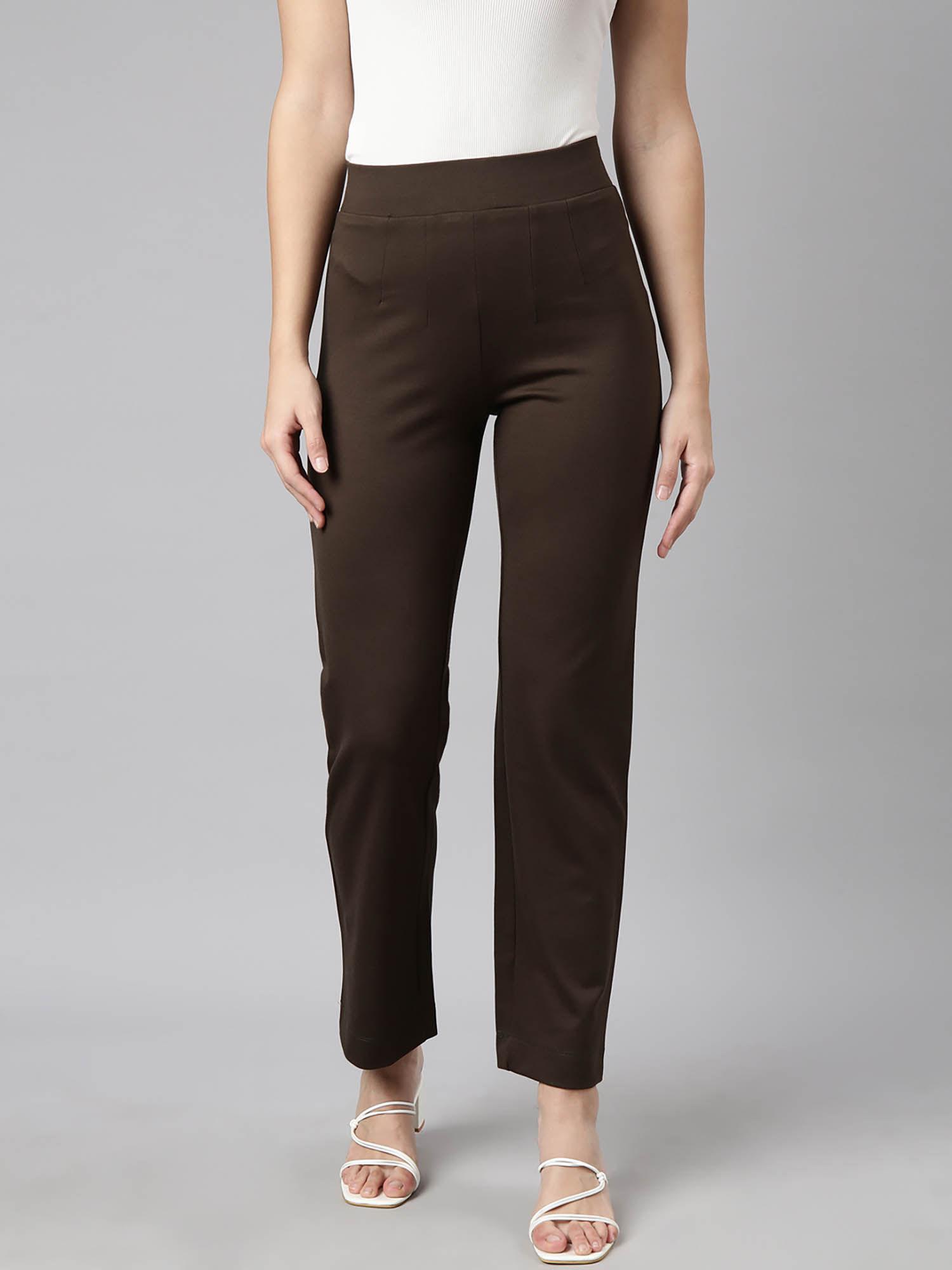 womens solid regular fit olive regular trousers