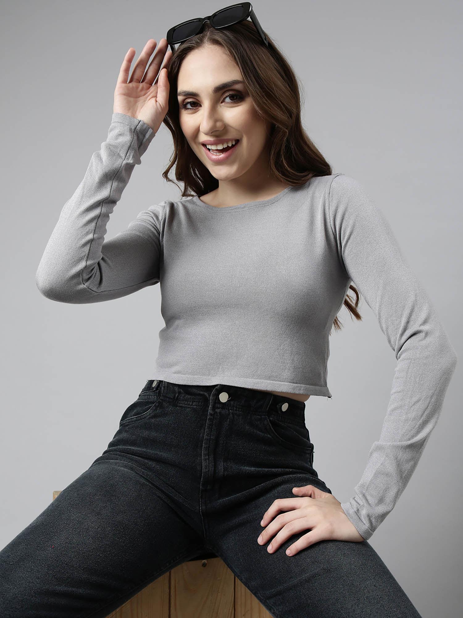 womens solid round neck grey fitted crop top