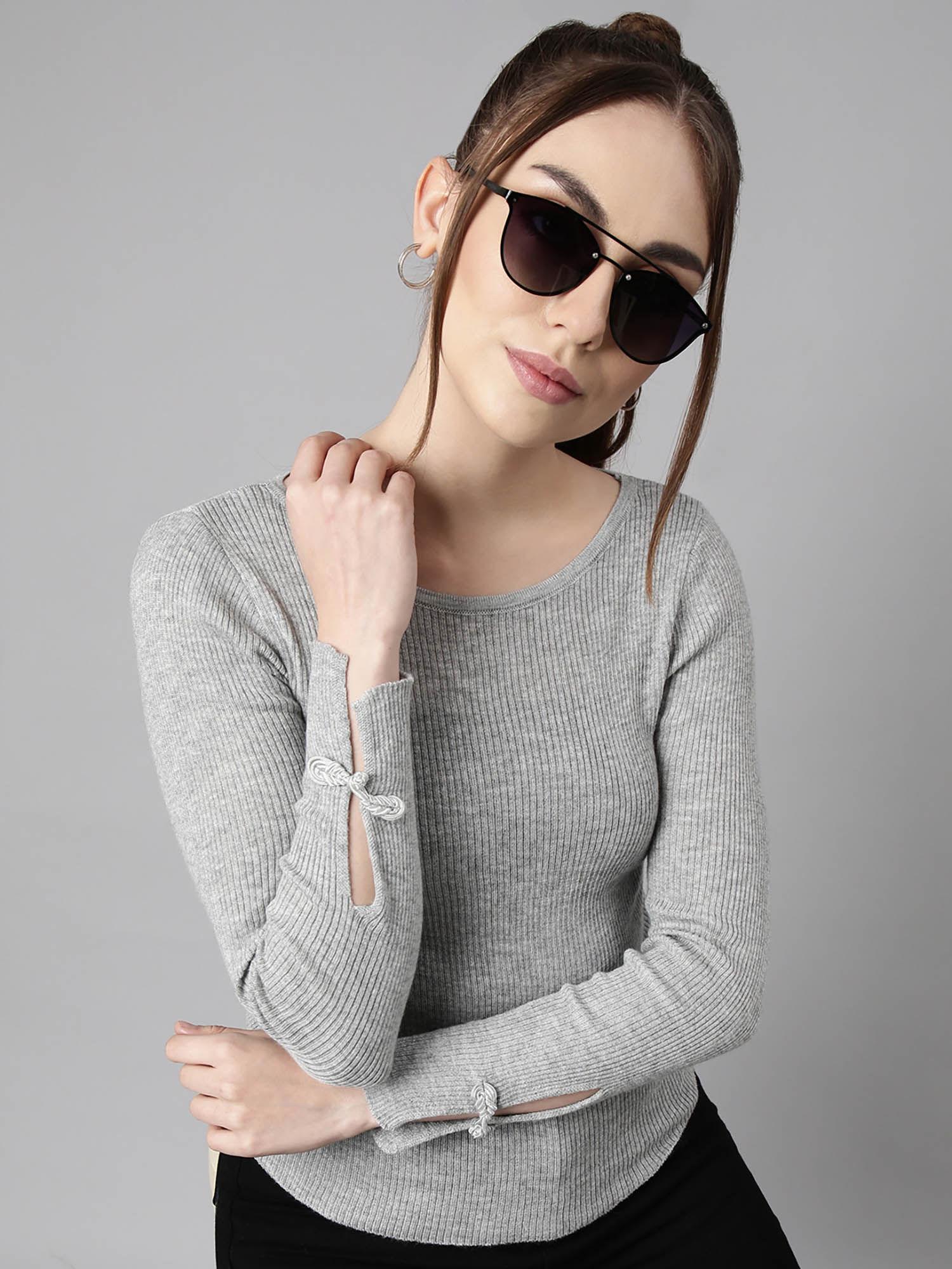 womens solid round neck grey fitted top