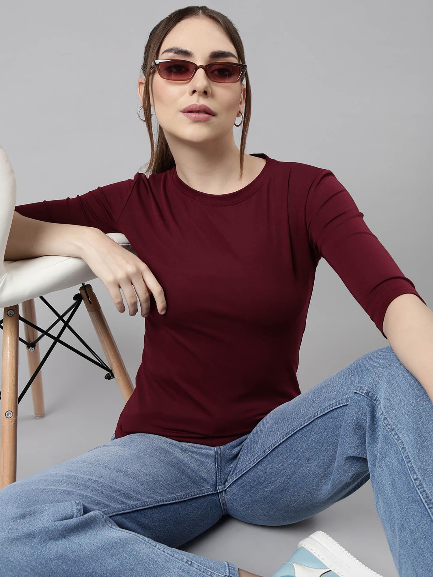 womens solid round neck maroon fitted top