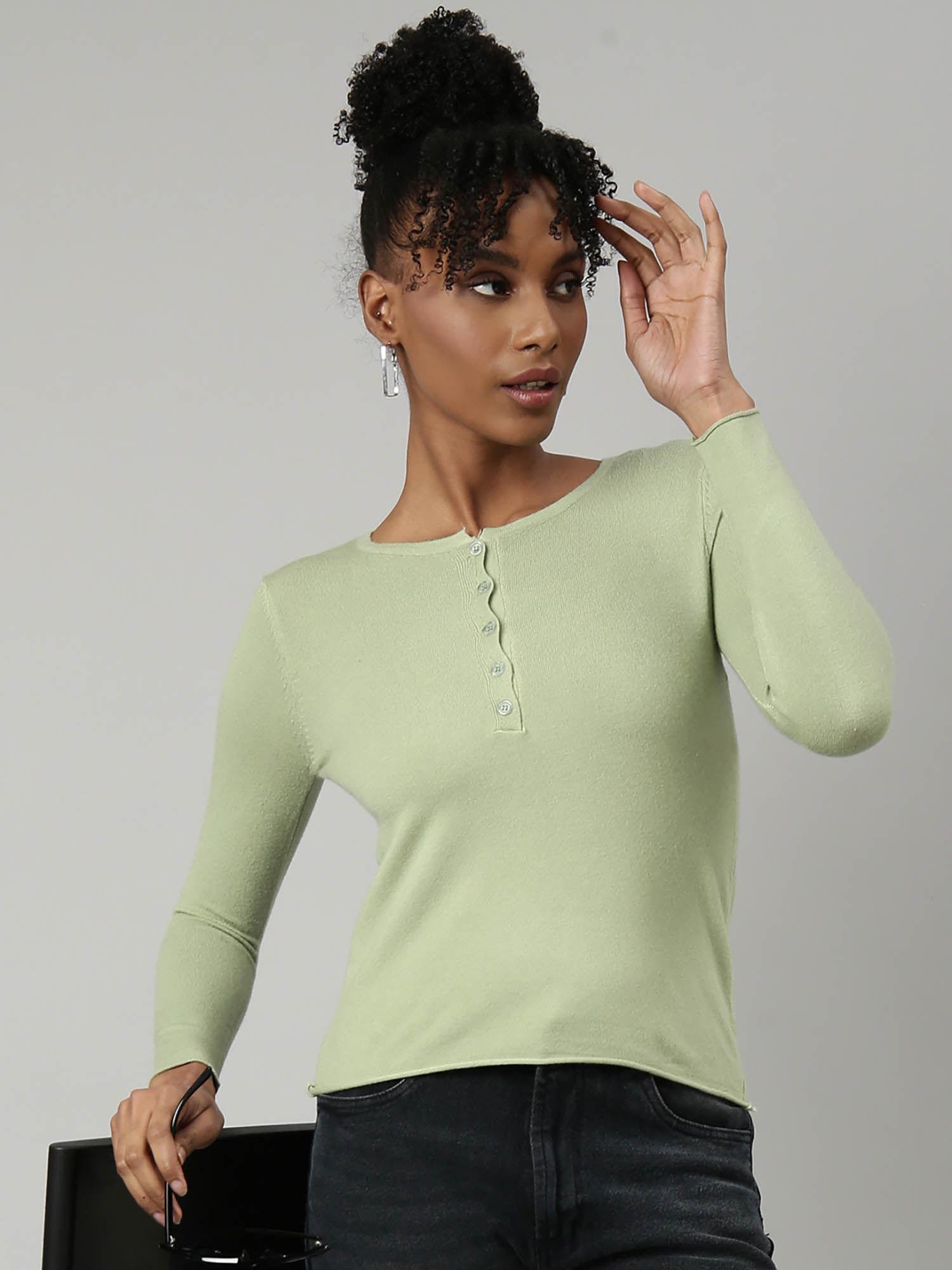 womens solid round neck sea green fitted top