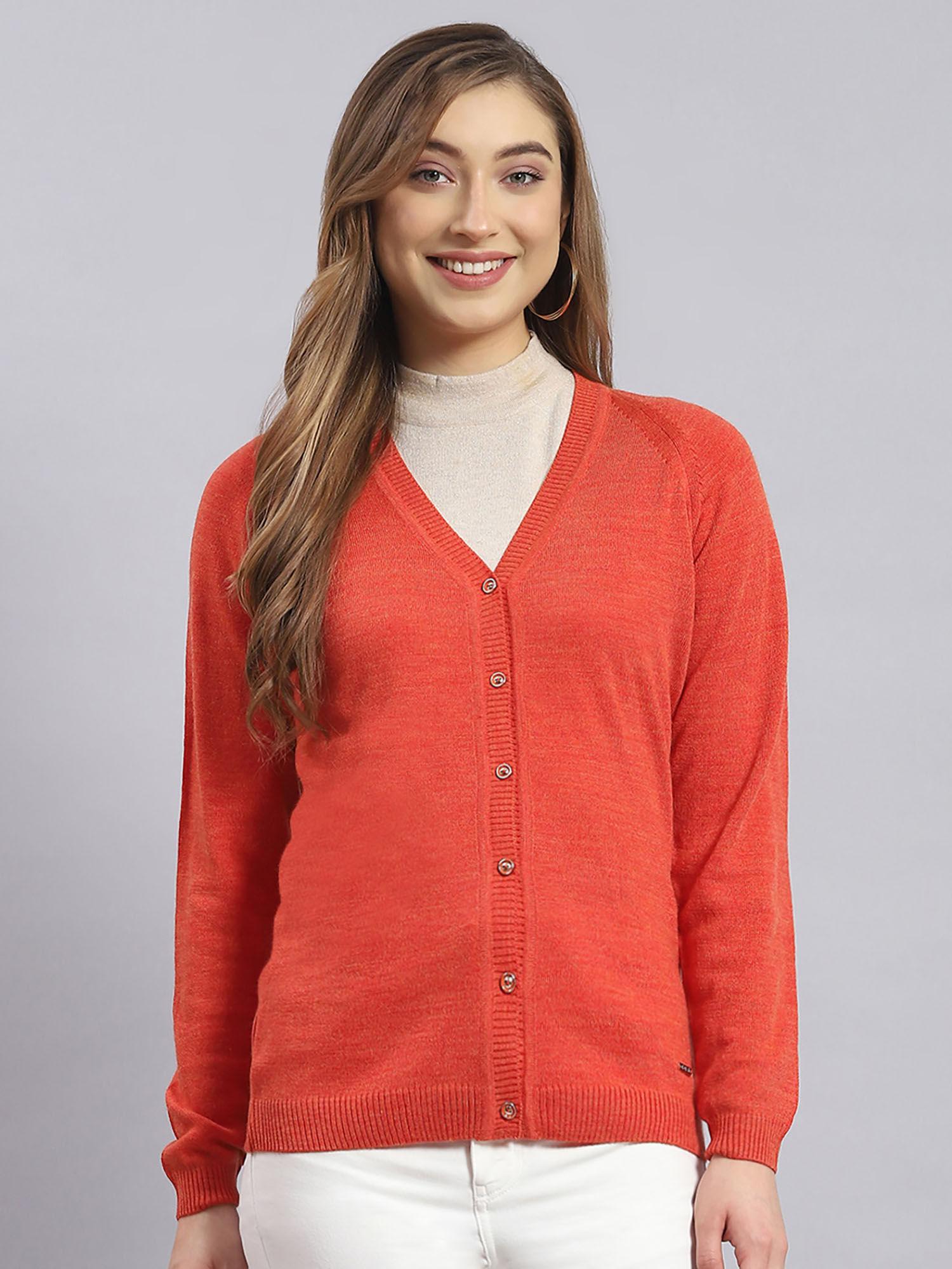 womens solid rust v neck full sleeve cardigan