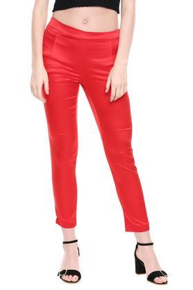 womens solid shiny pants - red