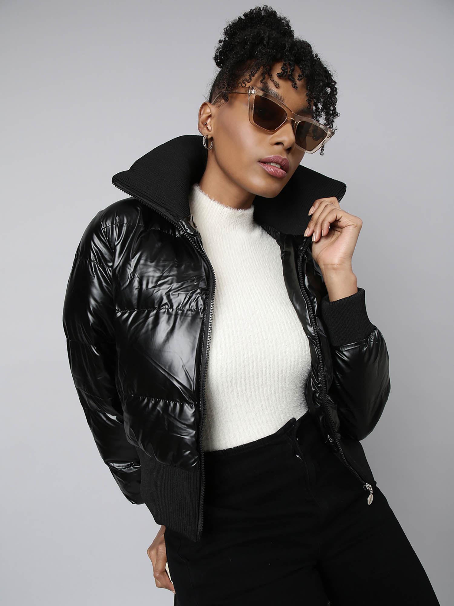 womens solid spread collar black puffer jacket