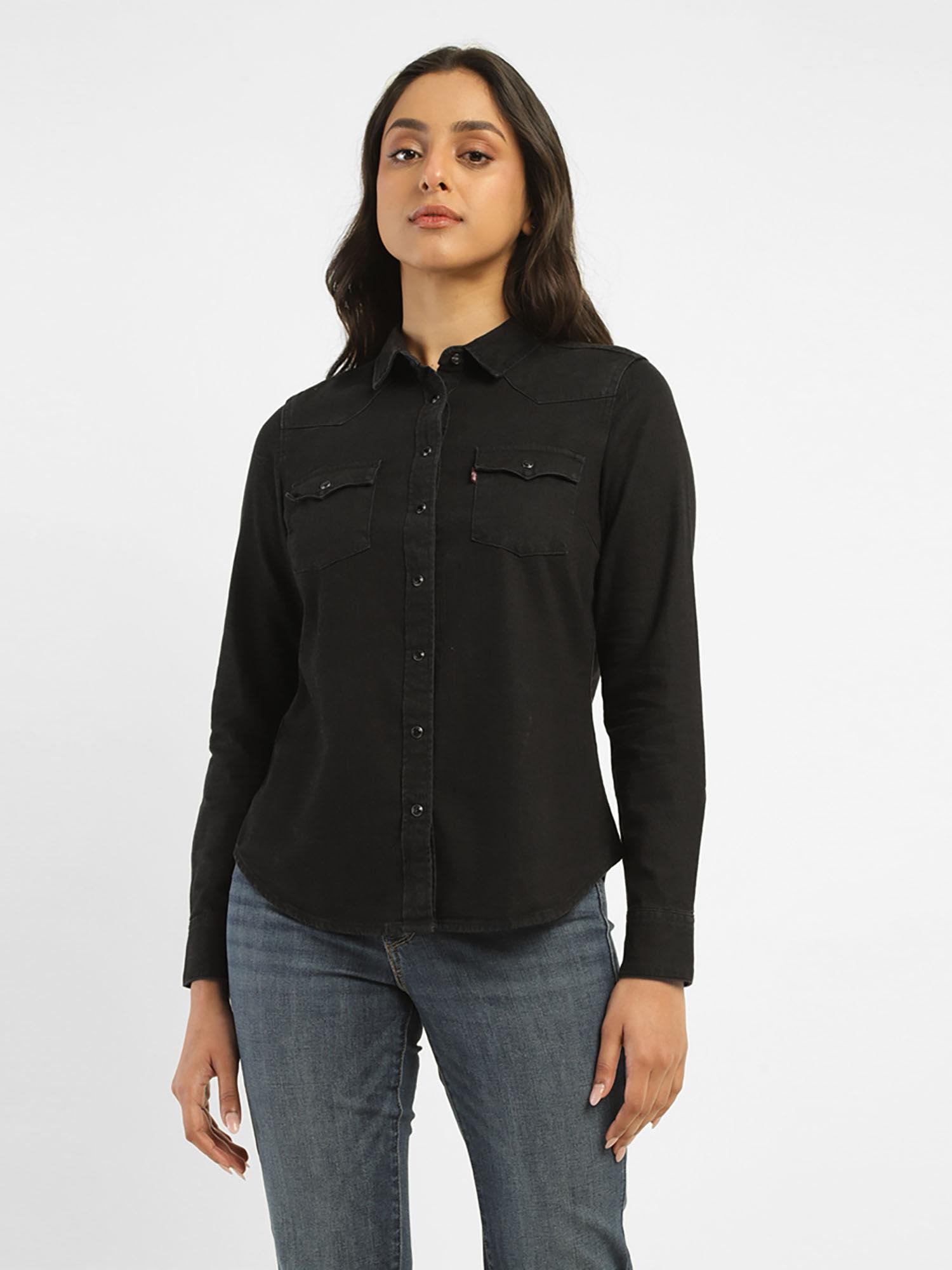 womens solid spread collar shirt black