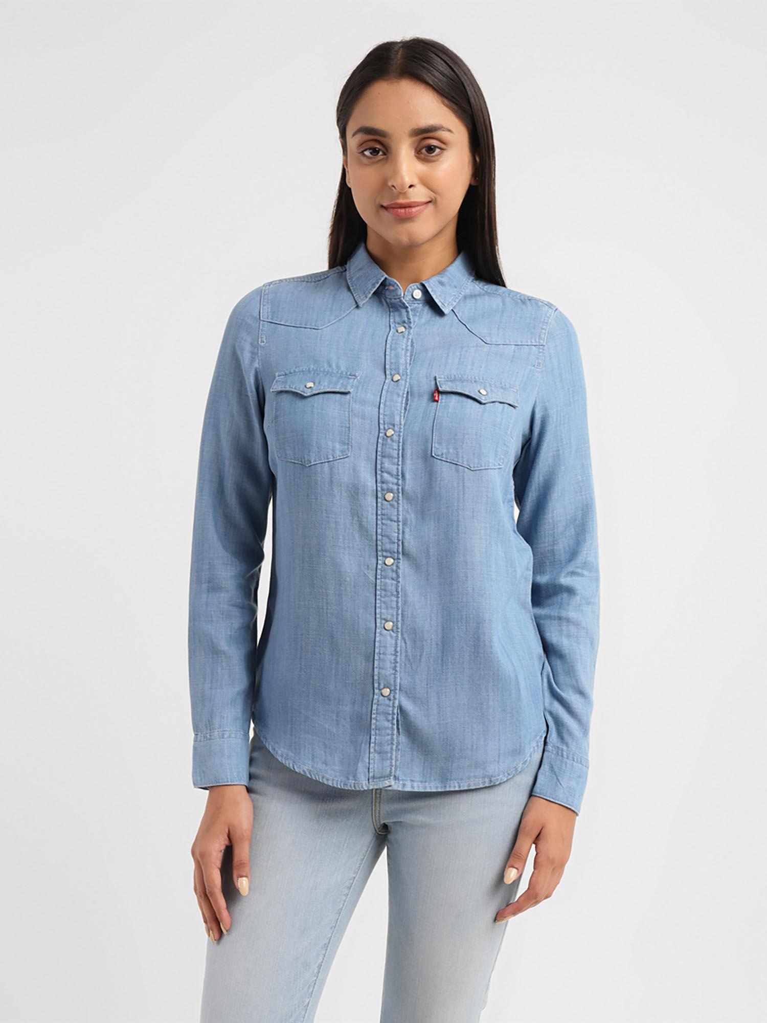 womens solid spread collar shirt blue