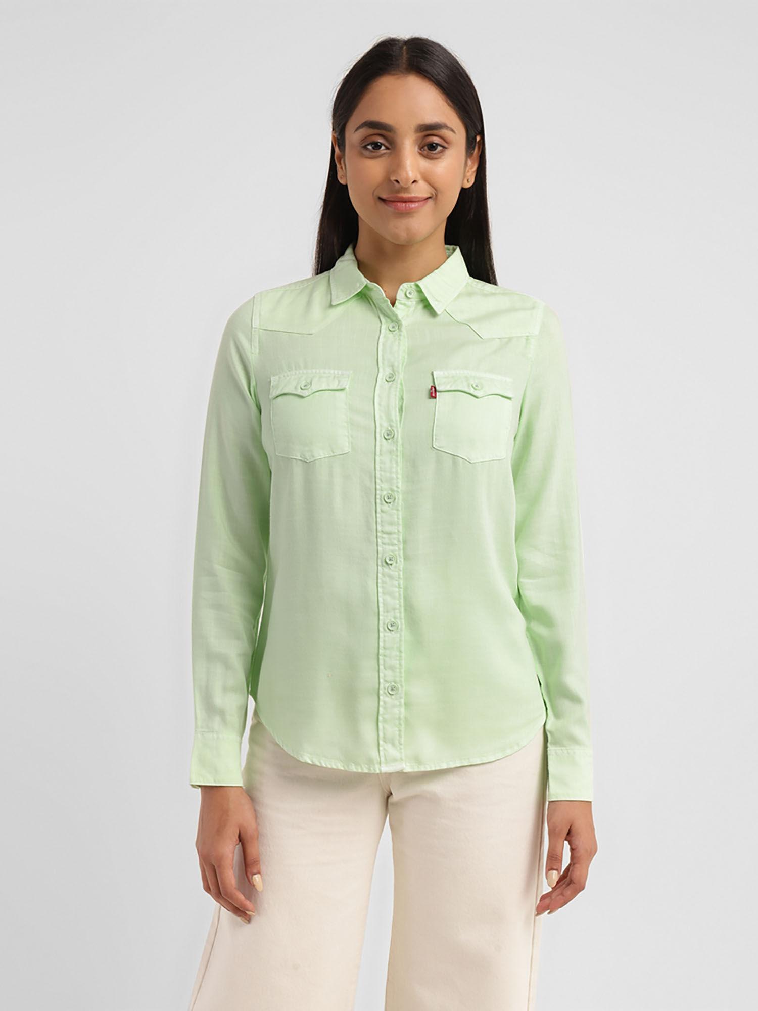 womens solid spread collar shirt green