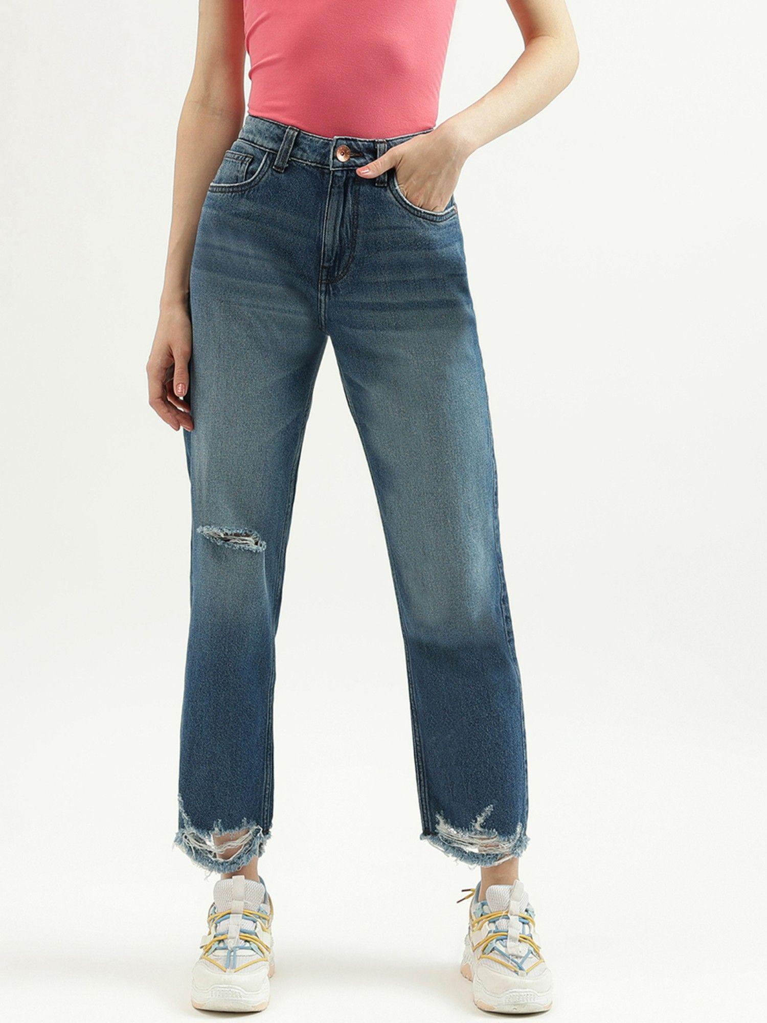 womens solid straight fit jeans-blue