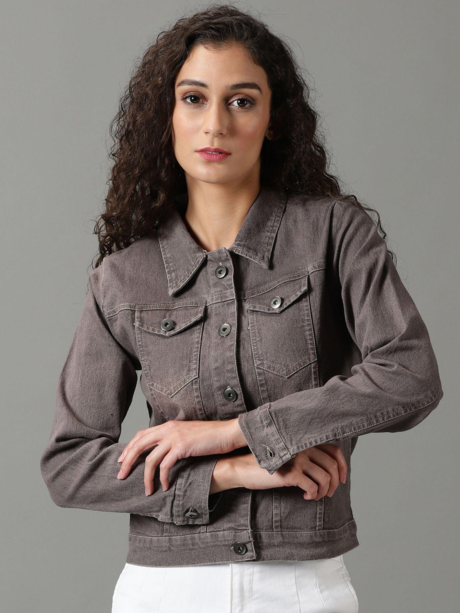 womens solid taupe spread collar regular denim jacket