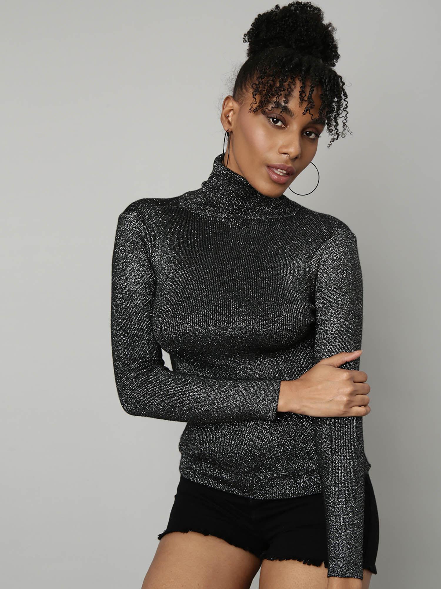 womens solid turtle neck black fitted top