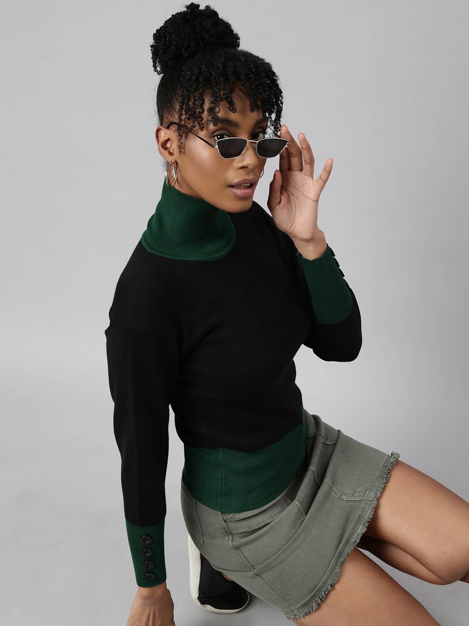 womens solid turtle neck black fitted top