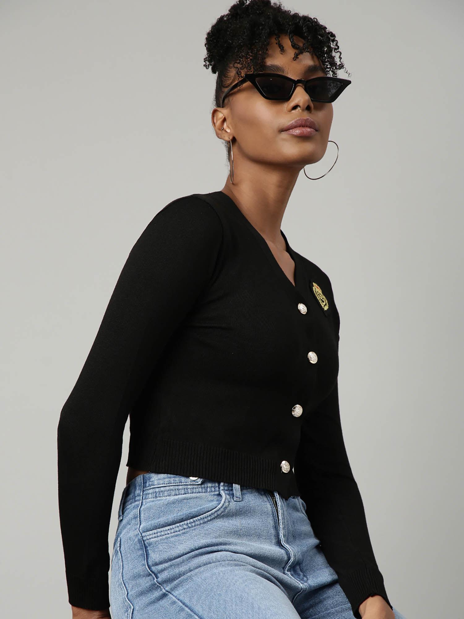 womens solid v-neck black fitted top