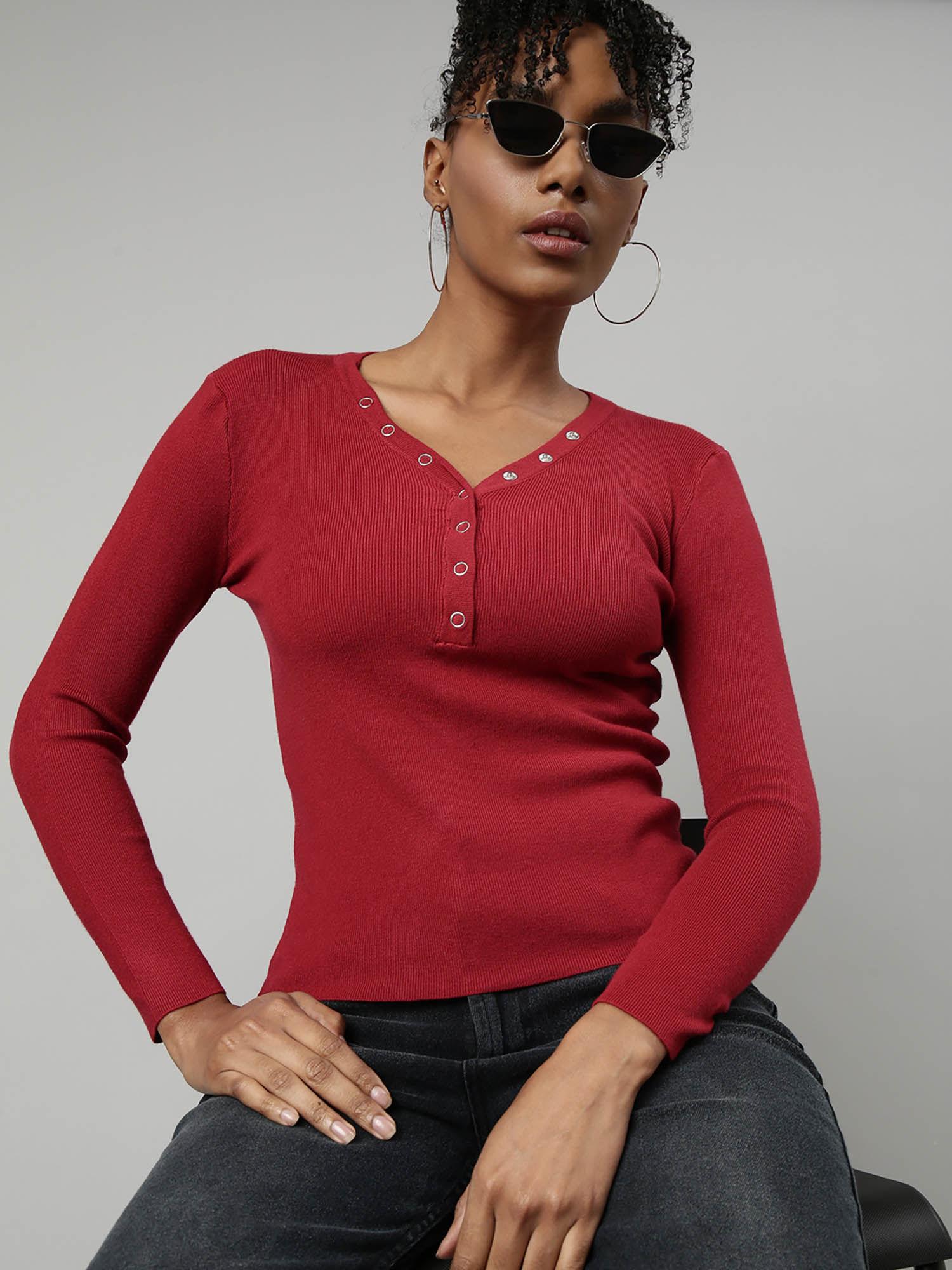 womens solid v-neck maroon fitted top