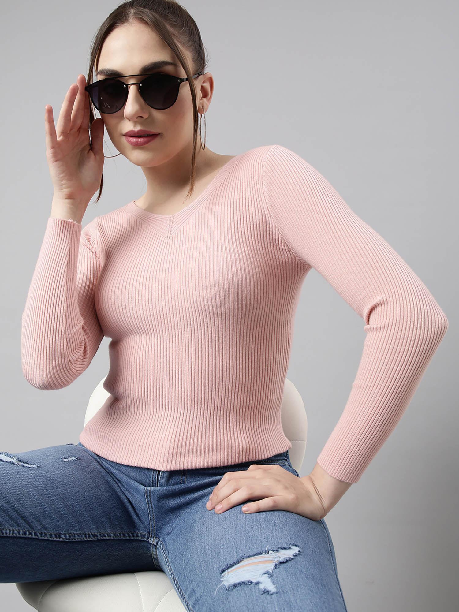 womens solid v-neck pink fitted top