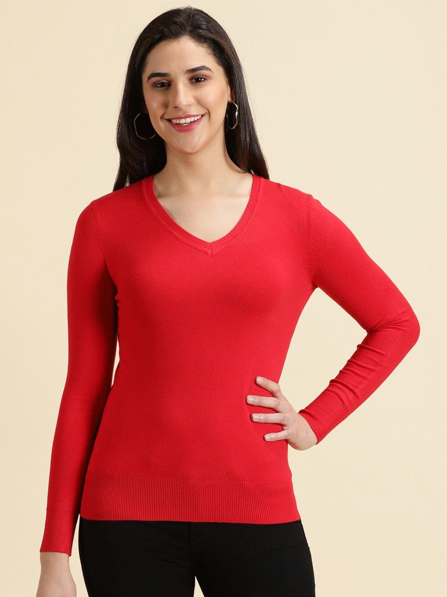 womens solid v-neck red regular top