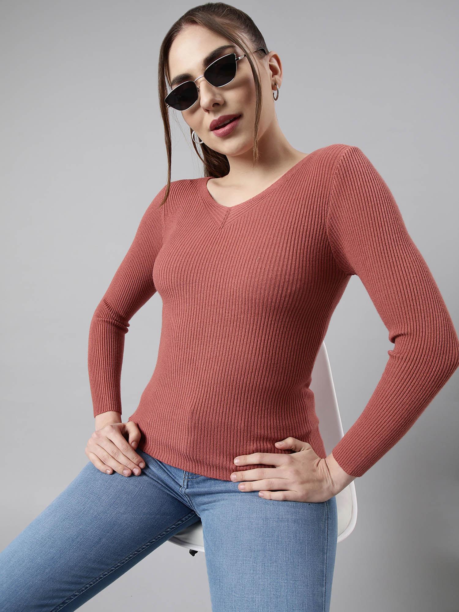 womens solid v-neck rust fitted top