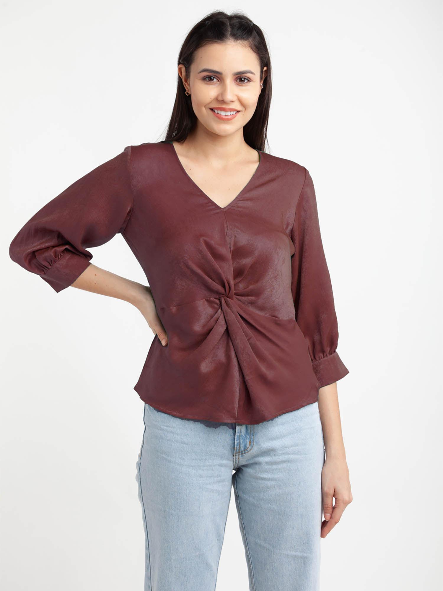 womens solid v-neck top brown